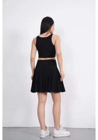 Freedom Storee Sendy Kumaş Bisiklet Yaka Crop Şortlu Etek İkili Takım - Siyah Çok Renkli