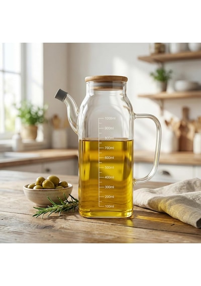 Deconox 1000ml Bambu Kapaklı Cam Yağlık Ve Sirkelik Dayanıklı Ve Şeffaf Sıvı & Mutfak İçin Hassas Sıvı Ölçüm Ve Saklama Çözümü 1000ml - Cam Sürahi Sıvı Ölçü Kabı