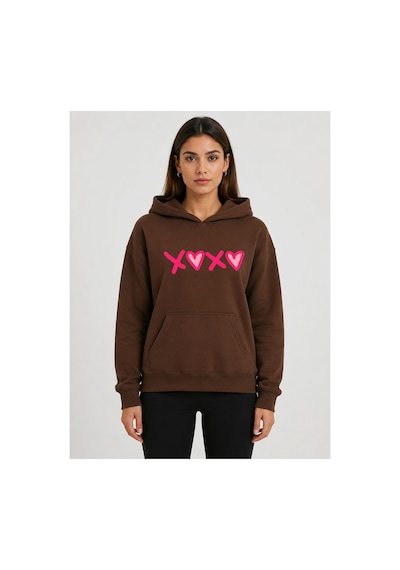 Herkesemoda Xoxo Baskılı Kapüşonlu 2 İplik Şardonlu Sweatshirt Kahverengi