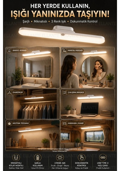 Şarjlı Mıknatıslı Led Ayna Işığı 30 Cm 3 Renk Işık Modu, Dokunmatik Kontrol, Usb Type-c Şarjlı Ban