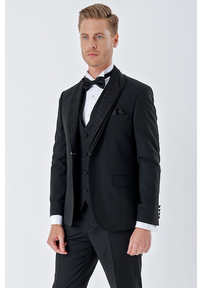 İmza Siyah Çizgili Çıkarılabilir Şal Yaka Yelekli 6 Drop Slim Fit Smokin Damatlık Takım 1001230212-Siyah
