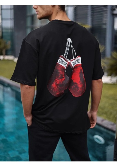 Assema Erkek Bisiklet Yaka Baskılı Oversize T-shirt - Siyah Çok Renkli