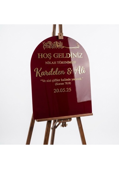 Bordo Akrilik Düğün Karşılama Panosu 50x80 Cm Gold Yazılı Nikah Tabelası Büyük Boy