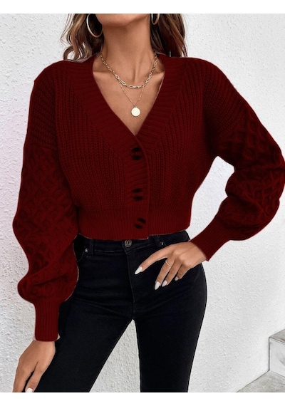 Aqe Fashion V Yaka Örgü Desenli Triko Crop Bordo Hırka Bordo