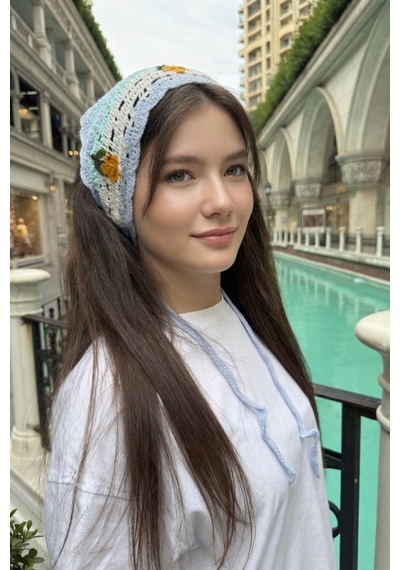 Kadın Yazlık Örgü Bandana Mavi Retro Çiçek İşlemeli Saç Aksesuarı Açık Mavi