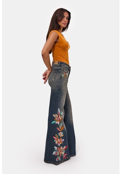 Kadın Kot Rengi 2w6-8 Flare Fit Nakış Detaylı Komfort Kumaş Özel Tasarım Denim Jean Mavi