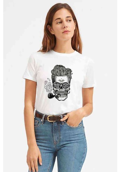 Pipolu Kurukafa Baskılı Beyaz Kadın Tshirt