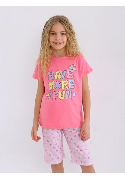 Kız Çocuk Kısa Kollu Kapri %100 Pamuklu Pijama Takımı More Fun Şeker Pembe