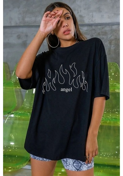 Unisex White Angel Baskılı T-shirt Siyah