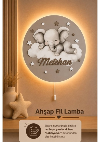 Ahşap Fil Lamba İsme Özel Pilli Ledli Gece Lambası Bebek Çocuk Odası Gri