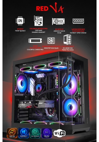 Gamers Arena RED V4 R5-7500F 16 GB 512 GB M2 SSD RX9070XT Free Dos Masaüstü Oyuncu Bilgisayarı