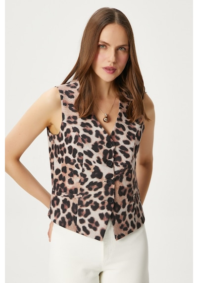 Ritnice Kadın Style Leopar Astarlı Dokuma Yelek Kahverengi - Krem