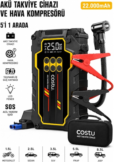 Castu Cs80 Plus Max Akü Takviye Cihazı 22.000 Mah 4'ü 1 Arada Powerbank, Hava Kompresörü, Lcd Ekran,150psı