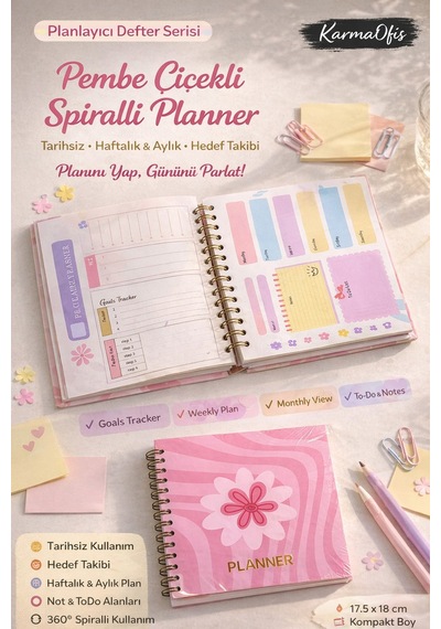 Pembe Çiçekli Spiralli Planner Defter Tarihsiz Haftalık Ve Aylık Planlayıcı, 17.5x18 Cm Diğer