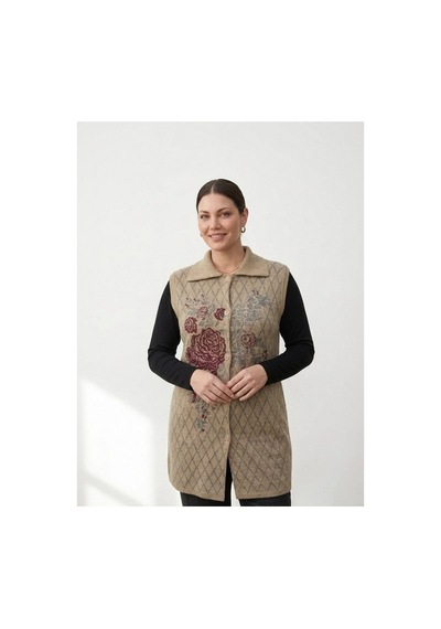 Onno Style Women Ekose Gül Pike Desenli Çelik Örgü Kadın Triko Yelek Kaban Bej