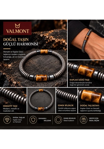 Valmont Kaplan Gözü Ve Mat Antrasit Hematit Taşlı Erkek Esnek Bileklik Kahverengi