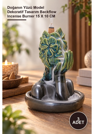 3 Adet Seramik Geri Akış Tütsülük Doğanın Yüzü Model Dekoratif Tasarım Backflow Incense Burner 15 X 10 Cm 1