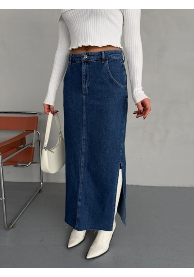 Zeo Basic Yanlardan Yırtmaçlı Jean Maxi Etek Mavi