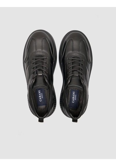 %100 Deri Siyah Taban Armalı Erkek Sneaker Ayakkabı Siyah