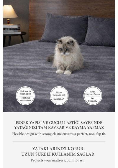 Süper Yumuşak Flanel Kadifemsi Peluş Lastikli Fitted Çarşaf Seti Kaymaz Tek/çift Kişilik Antrasit