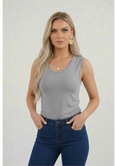 Hashtag Kadın Prenses Yaka Sıfır Kol Body Günlük Viskon Kumaş Gri
