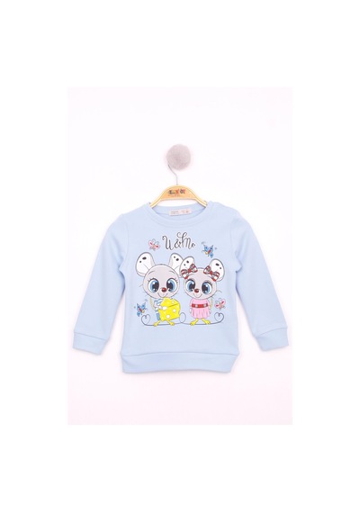 Toontoy Kız Çocuk Omuzdan Çıtçıtlı Fare Baskılı Sweatshirt Mavi