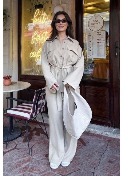 Seeh Bej Uzun Kollu Oversize Kadın Takım Sh338 Standart