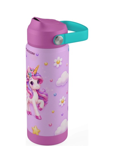 Puccon 540 Ml Sevimli Unicorn Baskılı Pembe - Mor Kız Çocuk Pipetli Çelik Termos Matara/suluk - 60048