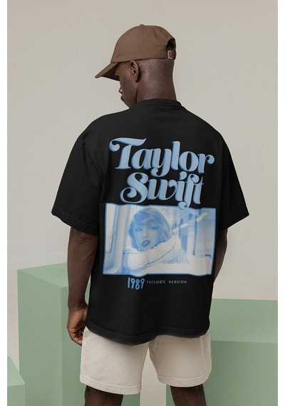 Tasarım Taylor Swift Baskılı Unisex Oversize Şarkıcı 1989 Tişört Siyah