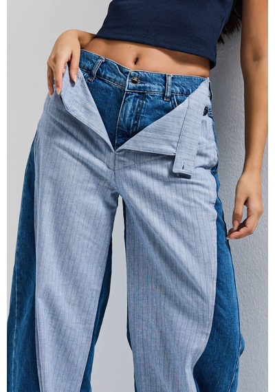 Itsbasic Kadın Kot Rengi Palazzo Fit Çift Kemer Detaylı Özel Tasarım Denim Jean
