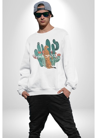 Kaktüs Çita Unisex Beyaz Baskılı Sweatshirt Beyaz