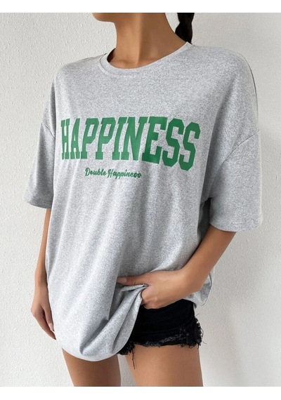 Gri Oversize Happıness Baskılı T-shirt - Oversize Unisex Gri