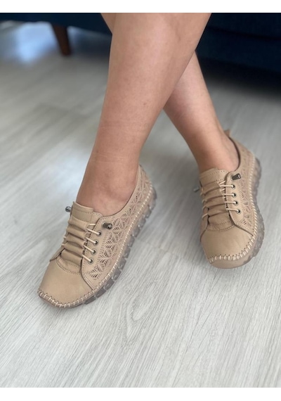 Bej Kadın Hakiki Deri Lastikli Ayarlanabilir Bağcıklı Rahat Taban Sneaker Miala 001