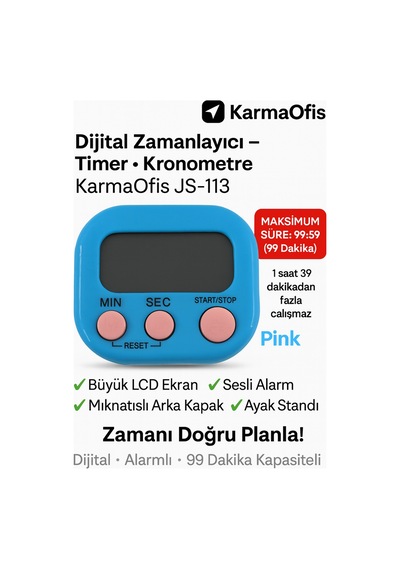 Dijital Kronometre Mavi Pembe Tuşlu Timer 99 Dakika Zamanlayıcı Alarm