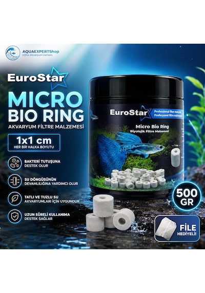 Eurostar Akvaryum Filtre Malzemesi - Micro Bio Ring - Üstün Bakteri Tutuşu - Özel Plastik Kutulu - File Hediyeli - 500 Gr