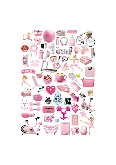 66 Adet Pembe Fitness Spor Diyet Sticker Seti - Etiket Seti Scrapbook Bullet Journal