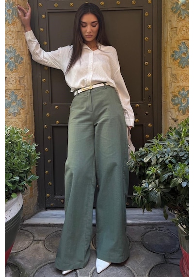 Madmext Haki Yüksek Bel Keten Wide Leg Pantolon Mg2718