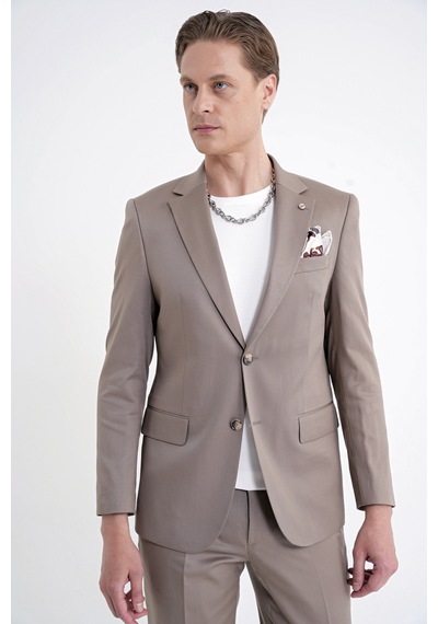 Efor Slim Fit Mono Yaka %97 Tencel Kumaş Çift Yırtmaç Esnek Bej Takım Elbise Tk 941