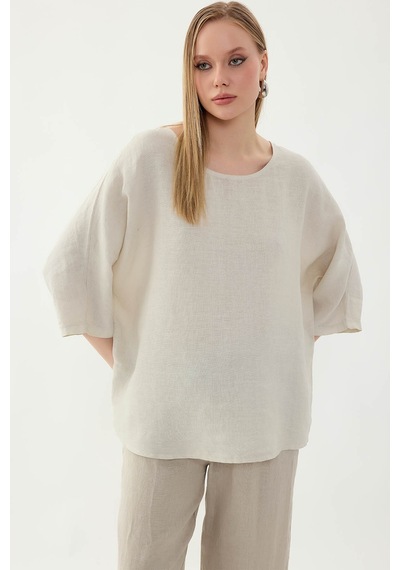 Vitrin %100 Keten Geniş Yaka Oversize Kısa Kol Bluz Taş