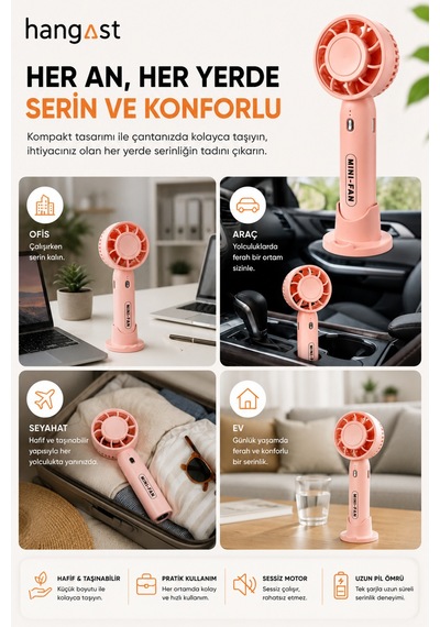 Mini El Fanı Telefon Tutuculu Şarjlı Usb Type-c Taşınabilir Masaüstü El Vantilatörü 3 Kademeli Sessiz Soğutucu Standlı Pembe