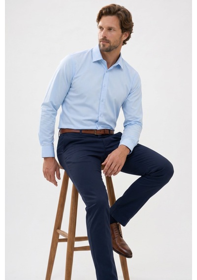 Tudors Erkek Modern Slim Fit Uzun Kollu %100 Pamuk Premium Seri Saten Mavi Gömlek-49937