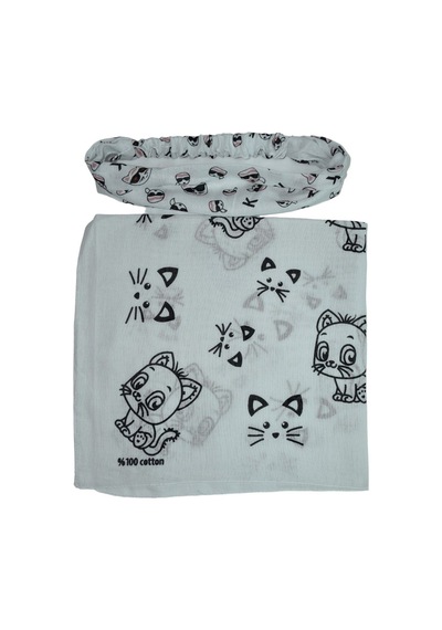 Kedi Desenli Kare Ve Lastikli Paraşüt Bandana Seti 2 Li Beyaz