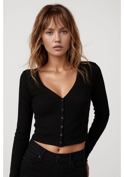 Kadın V Yaka Önden Düğmeli Uzun Kol Fitilli Crop Boy Spor Şık Ceket Siyah