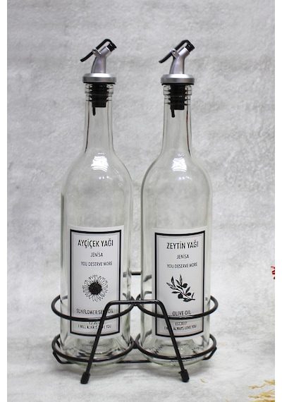 2 Adet Şeffaf 750 Ml Etiketli Akıtmaz Yağdanlık Yağlık Ve Siyah K