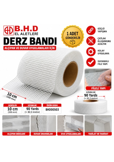 Alçıpan Derz Bandı Genişlik : 10 Cm Uzunluk : 90 Yards 82.3 Metre Model Kodu :bhd00503 1 Adet
