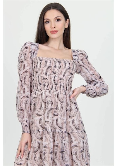 Neşeli Butik Kadın Bej Desenli Kare Yaka Gipeli Şifon Elbise Nb100361 Bej