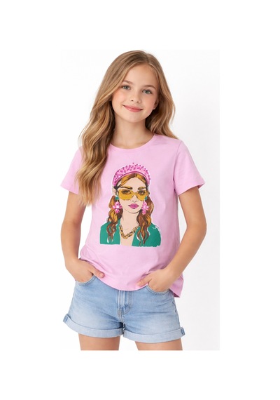 İrem Çocuk Giyim Kız Çocuk Önü Kız Desenli Taşlı Pembe Renk Kısa Kollu Tişört Pembe