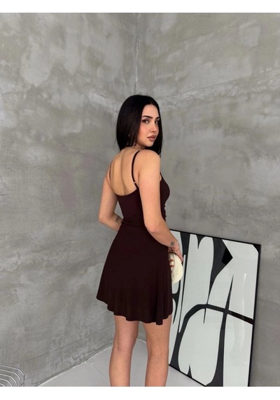 Freedom Store Kadın Askılı Şifon Mini Elbise Drapeli Bel Vücuda Oturan Yazlık Şık - Kahverengi