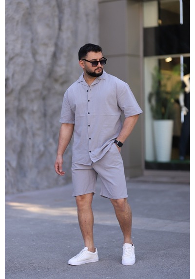 Çağla Yeşili Renk Gömlek Şort Erkek Keten Takım Oversize Kalıp Gri