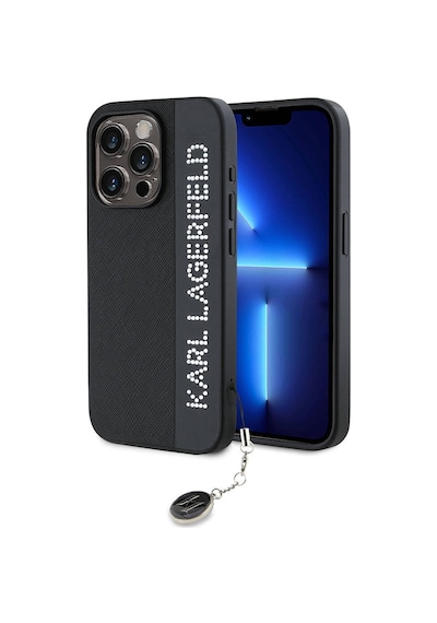 Apple Uyumlu iPhone  15 Pro Max Kılıf Karl Lagerfeld Lisanslı Anahtarlıklı Taşlı Saffiano Rhinestones Siyah